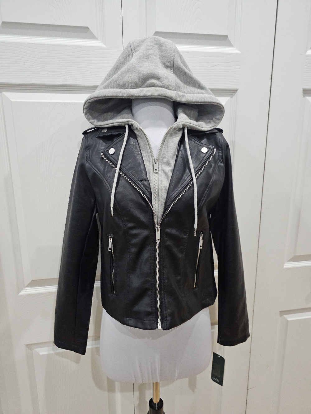 Women's Sebby Punk Biker Moto Black Faux Leather Gray Hoodie Zip Jacket Coat S